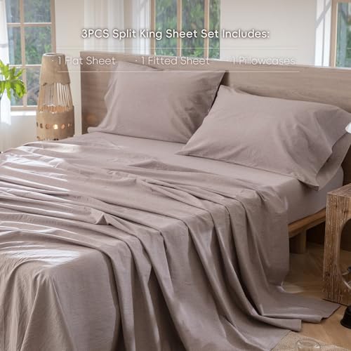 Image of MooMee Bedding Sheet Set 100% Washed Cotton Linen Like Textured Breathable Durable Soft Comfy (Heathered Mauve Brown, Twin)