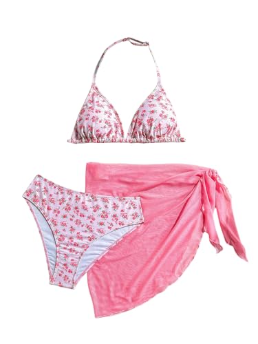 OYOANGLE Girl's 3 Piece Swimsuits Floral Print Halter Triangle Cute Bikini Sets with Sheer Cover Up Skirt