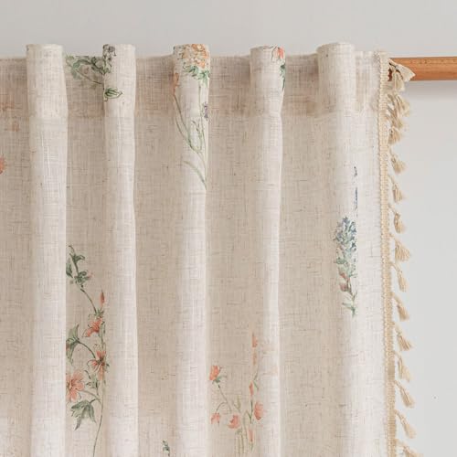 Image of MYSKY HOME Floral Boho Semi Sheer Linen Blend Farmhouse Curtains 84 Inches Long 2 Panels Set Spring Flower Printed Drapes with Tassels Back Tab Rod Pocket for Living Room Bedroom, 50 inch Wide, Pink