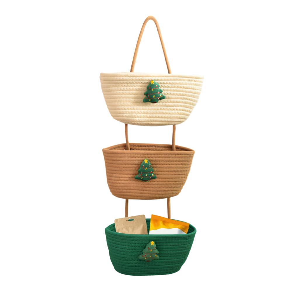 Over The Door Organizer Hanging Basket, 3-Tier Fabric Wall Mounted Hanging Organizers Small Woven Baskets Pouches for Bathroom Bedroom Playroom