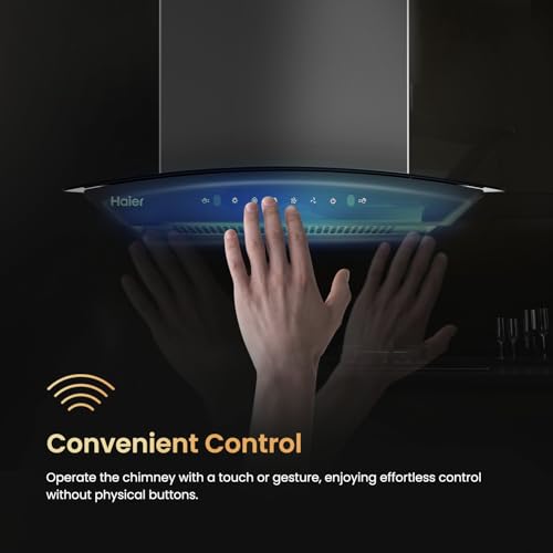 Image of Haier 60cm 1500 m3 /hr Curved Glass Chimney Black Filterless Autoclean with Oil Collector | 10 Yr Motor & 4 Yr Product Warranty | Gesture Control | Free Installation and Pipe | HIH-G1600-IN