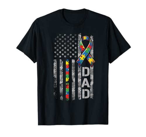 Autism Awareness Dad USA Flag Fathers Day Daddy Men Gifts T-Shirt