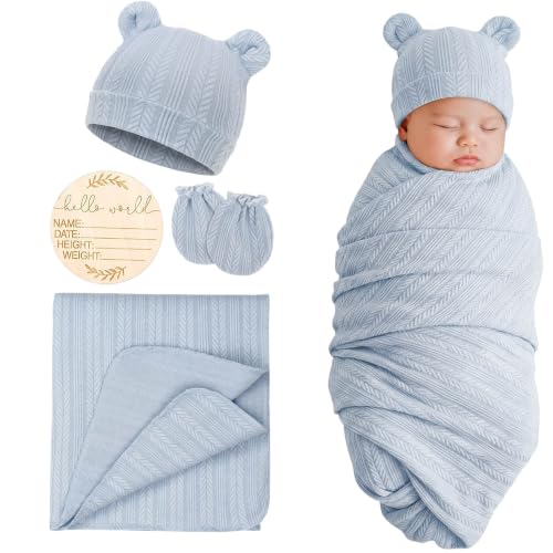 Image of DRESHOW BQUBO Newborn Receiving Blankets for Baby Girl Boy Swaddle with Bear Hat No Scratch Mittens Announcement Card Set for 0-3 Months