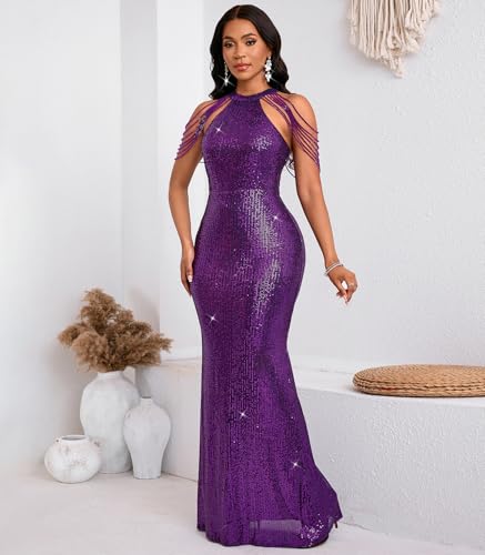 Image of Cololura Women Sexy Elegant Sequin Tassel Off Shoulder Halter Bodycon Maxi Dress Party Evening Gown Formal Dress