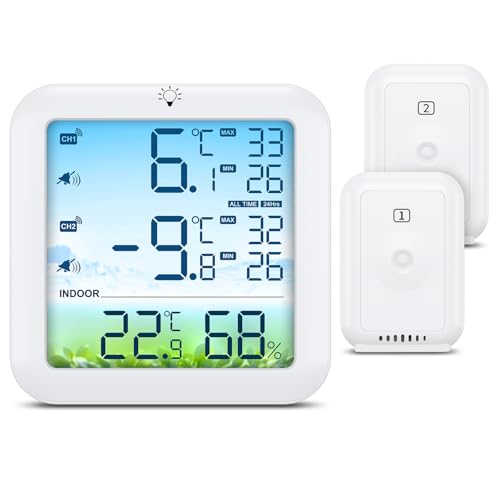 ORIA Digitale Kühlschrankthermometer, Digitale Gefrierschrank Thermometer mit 2 Sensoren, Farbdisplay, Max/Min Werte, Temperaturalarm, für...