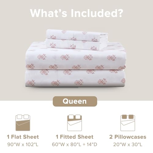 Comfort Spaces 100% Cotton Sheets Queen, Breathable, Naturally Cool Cotton Sheets, Soft Cotton Bed Sheets with 14" Elastic Pocket Fits up to 16" Mattress, All Seasons Sheet Set, Floral Pink 4 Piece