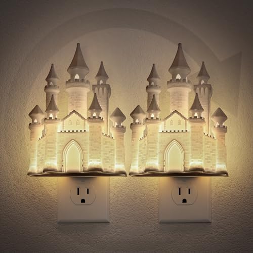 JandCase Night Lights Plug into Wall,2 Pack 3D Printed Castle Night Light,3000K Plug in Nightlight with Dusk to Dawn Sensor,0-100LM Adjustable Brightness for Rooms Bathroom Hallway