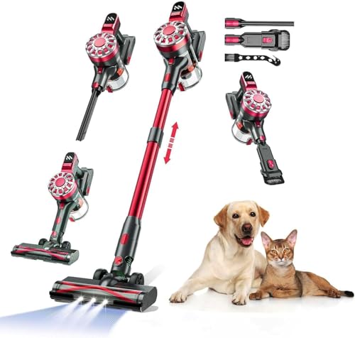 Image of WLOTPO Cordless Vacuum Cleaner for Home, Lightweight Stick Vacuum Cordless Rechargeable with Power Suction, Up to 35 Mins Runtime, Hardwood Floor Vacuum for Pet Hair, Carpets, Tile(Light Red)