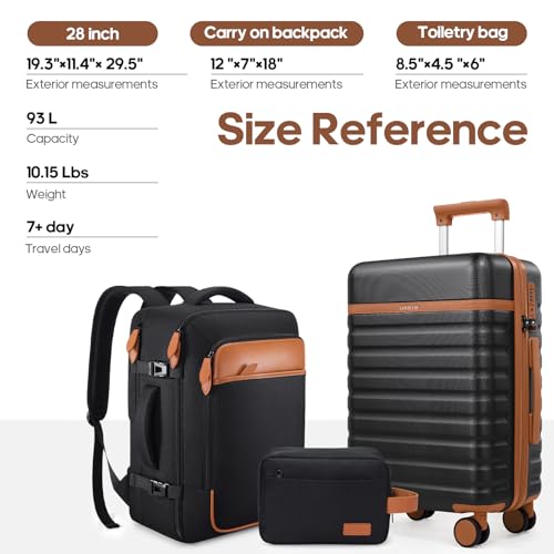 Image of UKEIN Luggage Sets 3 Piece, PC Hardside Large Luggage 28 Inch With Spinner Wheels with TSA Lock, Checked Suitcase Set With Travel Backpack for Men (Black, 3 piece set (28inch))