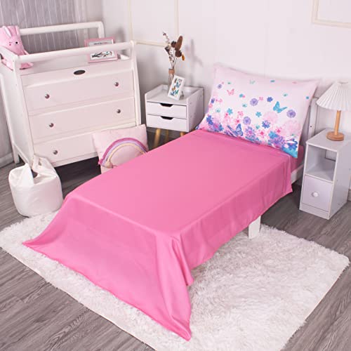 La Premura 4-Piece Toddler Bedding Sets For Girls, Bed-In-A-Bag Toddler Comforter Set, Includes Flat Sheet, Fitted Sheet, Comforter, And Reversible Pillowcase, Standard Toddler Bed Set, Pink Butterfly #TOP5