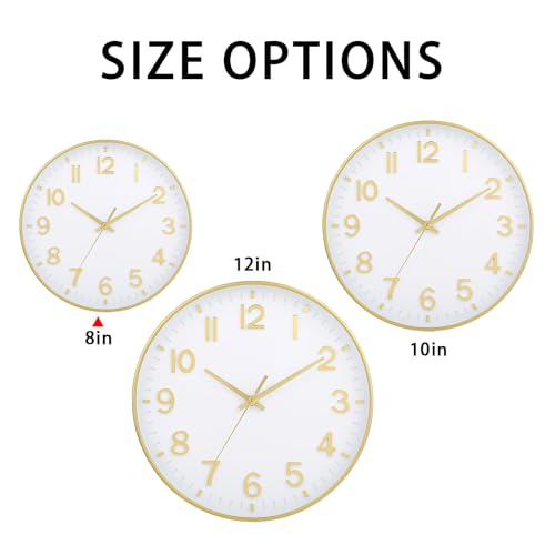 Image of HZDHCLH Wall Clocks Battery Operated,Wall Clock White Gold,8 inch Wall Clock Silent Non Ticking Modern 3D Numbers for Office Kitchen Classroom Bedroom Living Room Decor