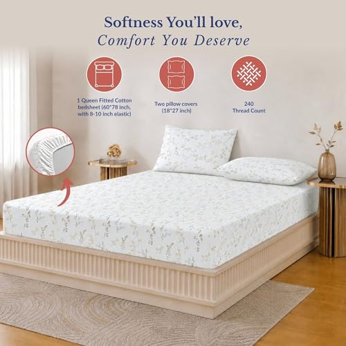 Image of Jaipur Weaves Queen Size Elastic Fitted Bedsheet, 100% Pure Cotton Double Bed Fitted Bedsheet with 2 Pillow Covers, 240 TC, 60x78 Inches up to 8-inch Mattress, Floral (Spring Tulips Yellow, Queen)