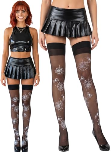 Image of ToBeInStyle Women's Spiderweb & Crawling Spider Print Hosiery Tights & Thigh High Stockings
