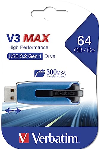 VERBATIM clé USB Store 'n' Go V3 MAX I USB 3.2 Gen 1 I 64 Go I avec mécanisme coulissant I Interface SuperSpeed I Stockage externe pour ordinateurs portables, etc. I Bleu / Noir