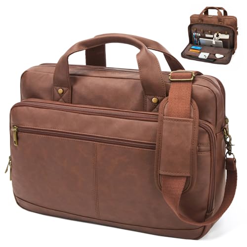 NEHOR Briefcase for Men Leather Laptop Bag 16 Inch Dark Brown