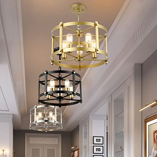 Wingbo 5-Light Farmhouse Round Chandelier, Industrial Hanging Pendant Light With Metal Drum Shade, Height Adjustable For Flat And Slop Ceiling, Kitchen Island, Dining Room, Living Room, Gold #TOP7
