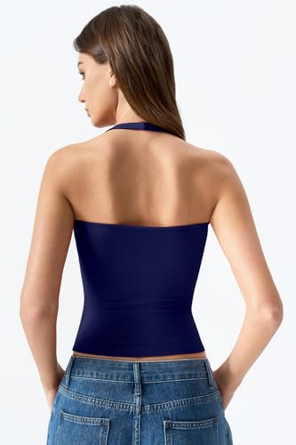 Image of QINSEN Womens Halter Top Double Lined Tank Top Sleeveless Open Back Slim fit Going Out Tops