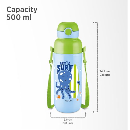 Image of Milton Steel Indus 600 Thermoware PU Insulated, 500 ml Water Bottle with Straw for Kids, Leak Proof Flip Top Sipper Lid Bottle, School, Picnic, Easy to Carry Belt, Sky Blue