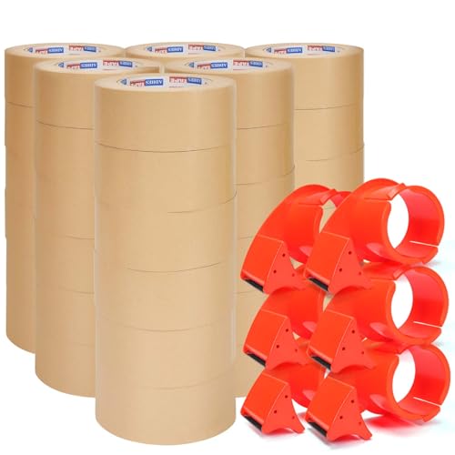Image of ADHES Coated Kraft Packing Tape with Dispenser, 2 Inch x 55 Yards | Heavy Duty Water Resistant Kraft Paper Tape for Shipping, Moving, Packaging & Carton Sealing, 36 Rolls