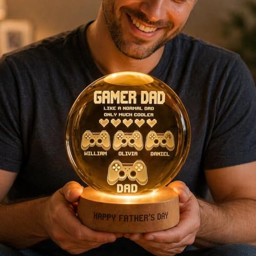 Image of Personalized Gamer Dad Crystal Ball Night Light, Custom Fathers Day Gift for Dad, Gaming Room Decor, Kids Names Keepsake Lamp, Custom Fathers Day Gift
