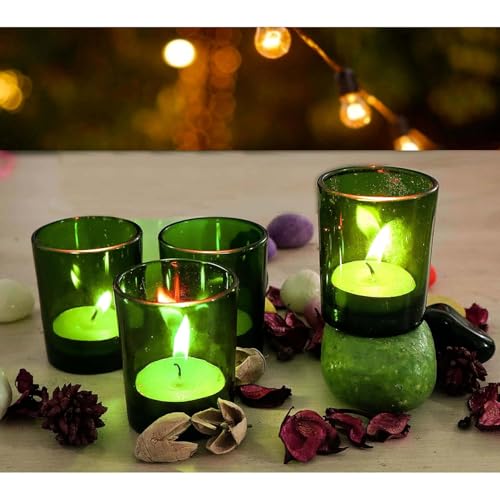Image of Pure Source India Set of 12 Votive Glass Candle Holders with Tealight Candles | Decorative Diwali Lights for Home, Pooja & Festive Decor (Green)