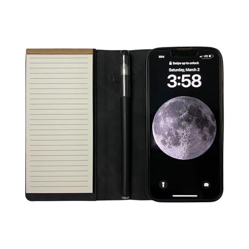 MOJO Notepad Phone Case for iPhone 13/14/15 - Folding Wallet Phone Case with Mini Pen and Note Pad (Black) (Fits iPhone 16 Pro Max)