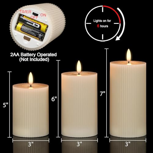 Image of GenSwin Mirror Surface Flameless Candles with Timer, Real Wax LED Pillar Candles Battery Operated with 3D Flame, 3Pcs Stripe Flickering Battery Candles for Christmas Home Decor(Gray, D3 inch x H5 inch6 inch7 inch)
