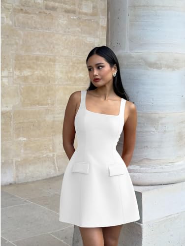 HYZ Women's Summer Sexy Square Neck Sleeveless A-Line Party Tank Top Mini Dress3