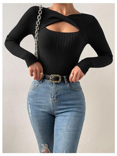 WDIRARA Women's Cut Out Twist Front Slim Fit Sweater Keyhole Neck Long Sleeve Pullovers4