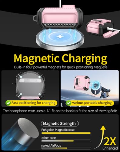 Image of Pohgelan Compatible with AirPods 4 Case Carbon Fiber Texture(Pink) | Magnetic Automatic Lock with Phone Stand & Cleaning Kit,Compatible with Magsafe