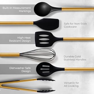 STYLED SETTINGS Black and Gold Kitchen Utensils Set – 8 Piece Silicone Cooking Utensils with Gold Handles, Black Ceramic Utensil Holder & Spoon Rest – Heat Resistant, Nonstick Safe, Sleek Storage