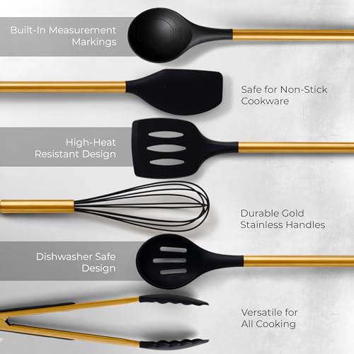 STYLED SETTINGS Black and Gold Kitchen Utensils Set – 8 Piece Silicone Cooking Utensils with Gold Handles, Black Ceramic Utensil Holder & Spoon Rest – Heat Resistant, Nonstick Safe, Sleek Storage by STYLED SETTINGS - Image 7