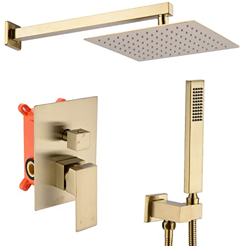 Square Bathroom Concealed Brass Shower System Kit, Luxury 12 Inch Rain Shower System Set with Handheld Shower Head and Shower Mixer Valve,Brushed Gold
