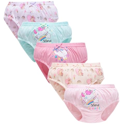 CHUNG Toddlers Little Girls Cotton Briefs Panties Pack of 5/6 Print Underwear 2T-10Years, Rainbow Unicorn, 3-4 Years