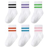 scenicamp 6 Pairs Toddler Grip Socks with Non-Slip, Unisex Baby Retro Stripe Heart Soft Cotton Crew Socks for Ages 3-5 Years, 6 Pairs-stripes