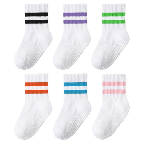 scenicamp 6 Pairs Toddler Grip Socks with Non-Slip, Unisex Baby Retro Stripe Heart Soft Cotton Crew Socks for Ages 3-5 Years, 6 Pairs-stripes