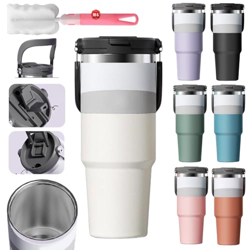 保温保冷タンブラー 持ち手付き ストロー付きタンブラー こぼれない 水筒 蓋付き 大容量 ウォーターボトル ストロー ステンレス 広口 直飲み マグボトル 真空断熱 コーヒーマッグ 車 オフィス アウトドア 通学 遠足 旅行 持ち運び 魔法瓶 男女兼用 (