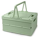 Vivikivi Collapsible Storage Crate, Foldable Plastic Storage Box with Lid, Folding Basket with Handle (Green)