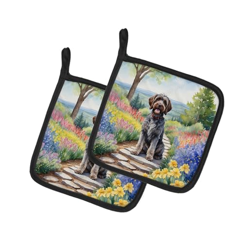 Caroline's Treasures Wirehaired Pointing Griffon Spring Path Pair of Pot Holders Kitchen Heat Resistant Pot Holders Sets Oven Hot Pads for Cooking Baking BBQ, 7 1/2 x 7 1/2