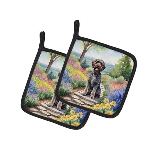 Caroline's Treasures Wirehaired Pointing Griffon Spring Path Pair of Pot Holders Kitchen Heat Resistant Pot Holders Sets Oven Hot Pads for Cooking Baking BBQ, 7 1/2 x 7 1/2