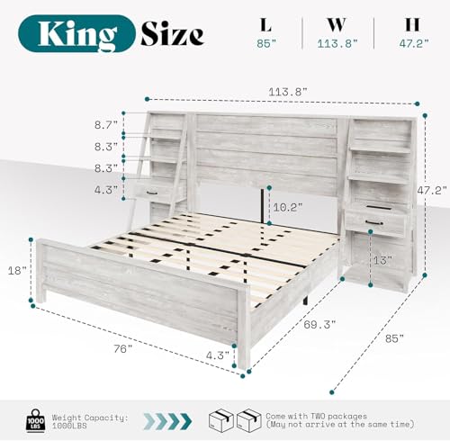 Image of AMERLIFE King Size Platform Bed Frame with Wide Headboard & Bookshelves
