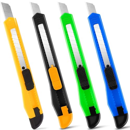 Image of Box Cutter Retractable - 4 Pack - Premium Utility Knife - 9mm Wide Snap-Off Blades Razor Knife - Box Opener for Cutting Carboard, Boxes - Exacto Knife Box Knife for Home, Office, Craft Use