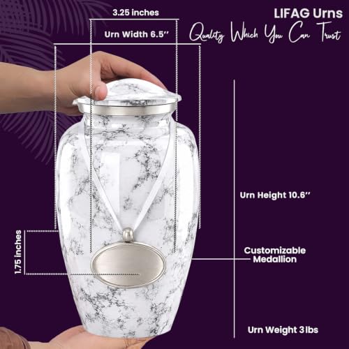 Image of White Cremation Urns for Human Ashes Adult Female & Male with Customizable Medallion | Elegant White Marble Finish Metal Memorial Urn for Men & Women | Decorative Funeral Urns - Large, 220 lbs