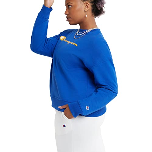 Champion, Powerblend, Crewneck, Sweatshirt For Women, (Reg. Or Plus), Deep Dazzling Blue Script, X-Small #TOP2