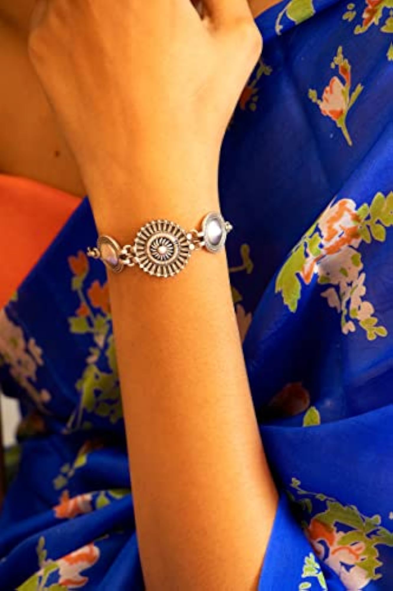 Women's 925 Sterling Silver Chain Bangle Bracelet, Adya Tri Motif