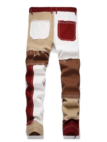 WDIRARA Men's Color Block Cowboy Pants Straight Leg Jeans Distressed Frayed Denim Pant2