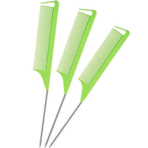 3 Pieces Parting Comb for Braids Rat Tail Hair Comb Steel Pin Carbon Fiber Heat Resistant Teasing Combs with Stainless Steel Pintail (Green)