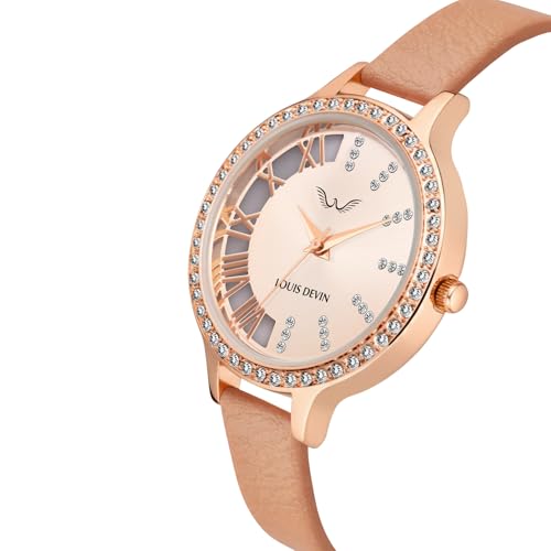 Image of LOUIS DEVIN Pink /Beige /Brown /Black Faux Leather Strap Analog Wrist Watch for Women (Silver /Rose Gold /Brown /Black Dial) | LD-CP501