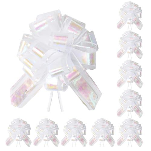TIMESEEK 10-Pack Pearl White Pull Bows for Gift Wrapping - 6 Inch Reusable Ribbon Bows Large Instant Floral Decor Bow for Wedding Christmas Birthday Decor Gift Basket & Party Decorations