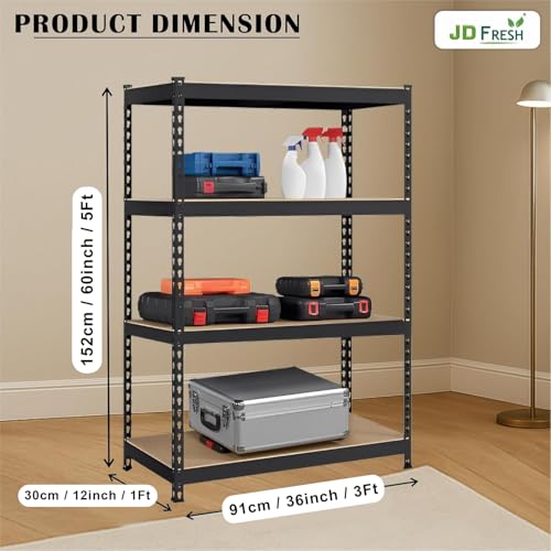 Image of JD FRESH 4-Tier Extra Large Metal Shelf Rack /60x36x12 Inch Adjustable Boltless Shelving Unit /Heavy Duty Display Rack Organizer for Garage /Kitchen /Warehouse /Tool-Free Assembly and Rust-Resistant